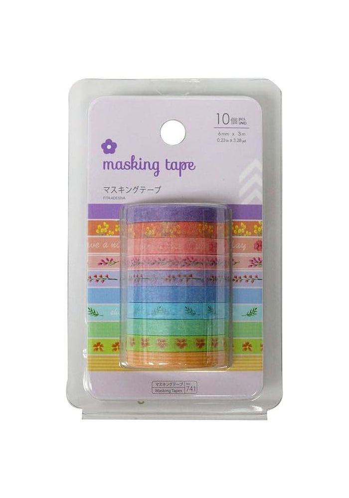 DAISO Floral Masking Tape Set - 10 Rolls, 6mm x 3m, Dark Purple/Multicolor - Image 1